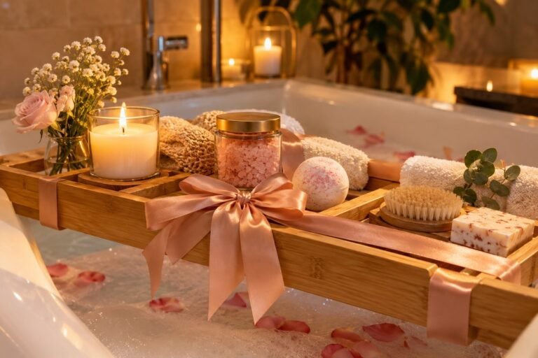 Anniversary Self Care and Spa Gifts With a Bath Caddy
