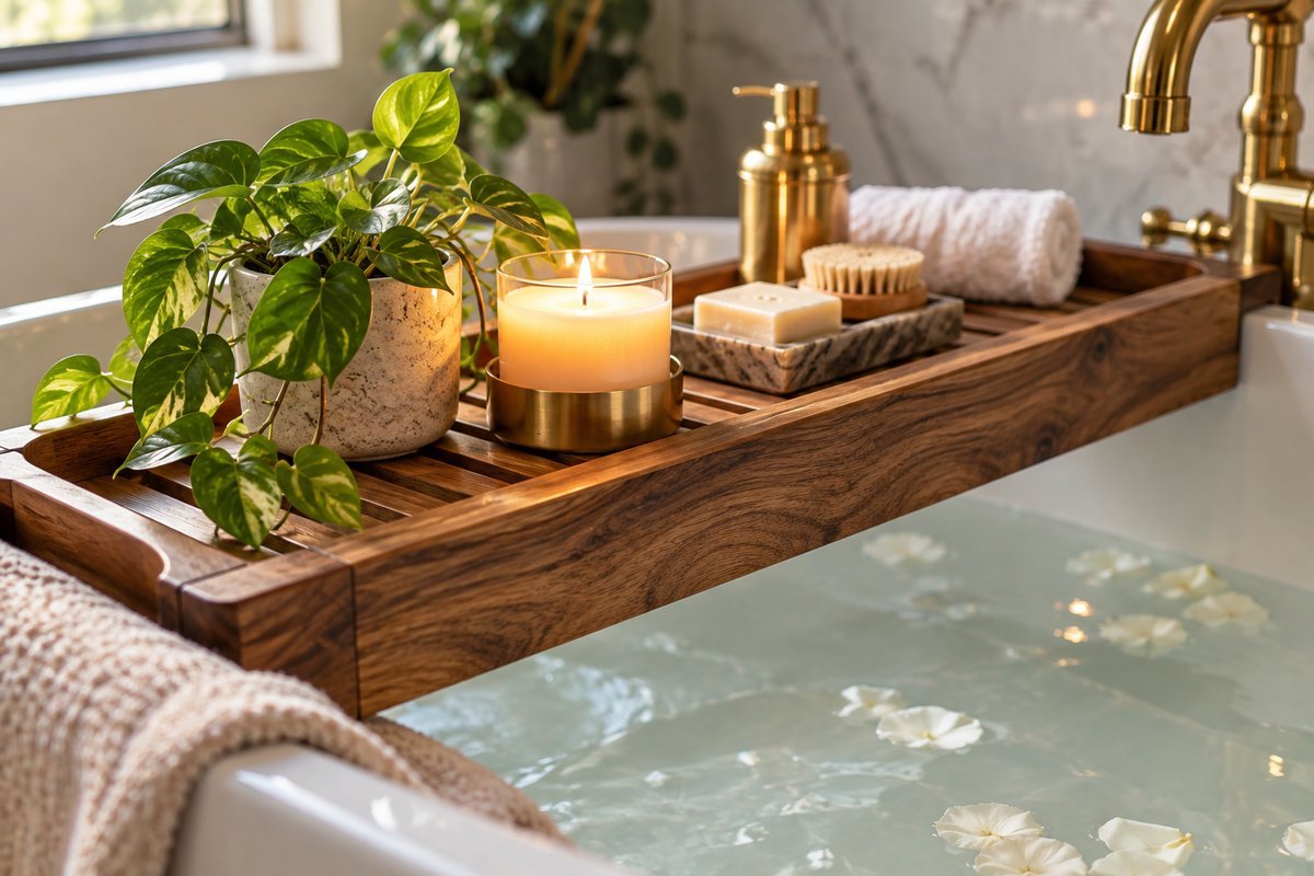 How to style gold in a bathroom - Bathtub Tray