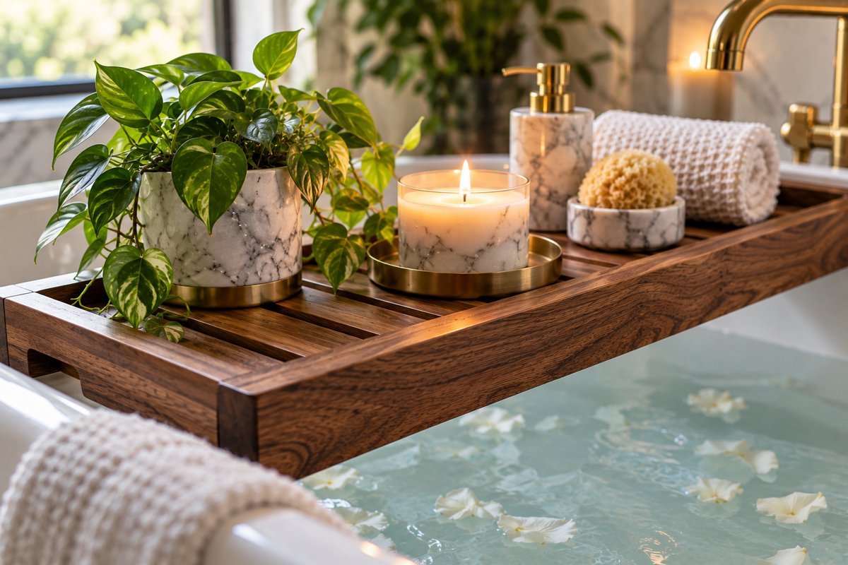 Marble versus wood and metal - Bathtub Tray