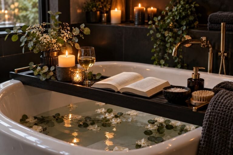 Moody Dark Bath Styling With a Black Tray